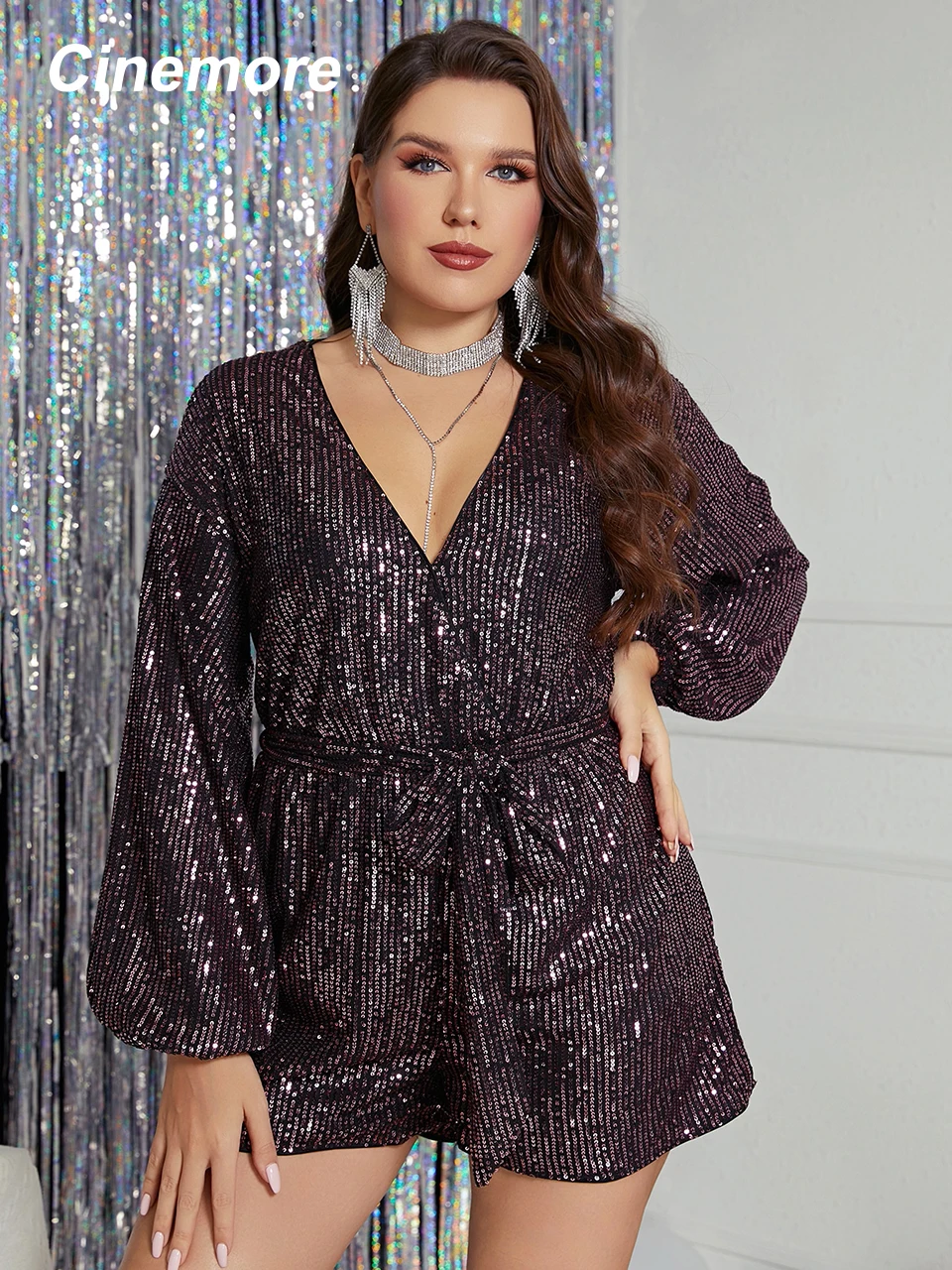 Cinemore Chic and Elegant Women Jumpsuit Plus Size Lantern Long Sleeve Belted Shorts Pants V Neck Sexy Sequin Romper for Girls