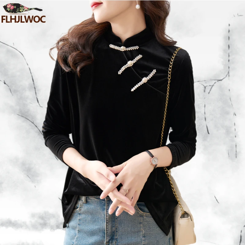 Bling Beaded Black Velvet Tops Chinese Style Chi-pao Collar Design New Year 2024 Spring Women Elegant Retro Shirt Blouse Vintage