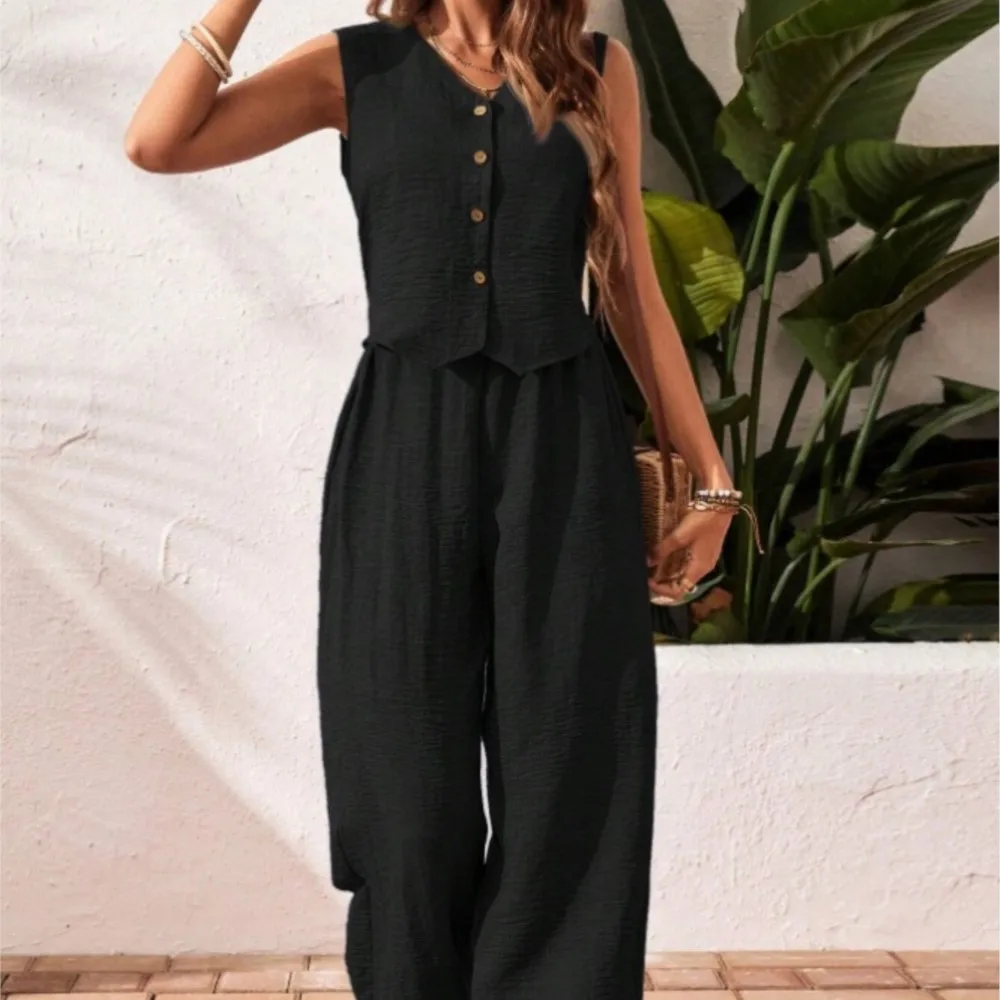 

Casual Cotton Trousers Set Summer Loose Comfortable V-neck Single-breasted Sleeveless Vest Elastic Waist Trousers Two-piece Set