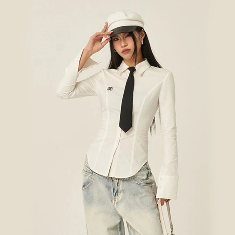 Korean with Tie White Shirt Women Y2K Fashion Slim Chic Long Sleeve Lapel Tops Lady Streetwear Jk Uniform Button Up Blouse