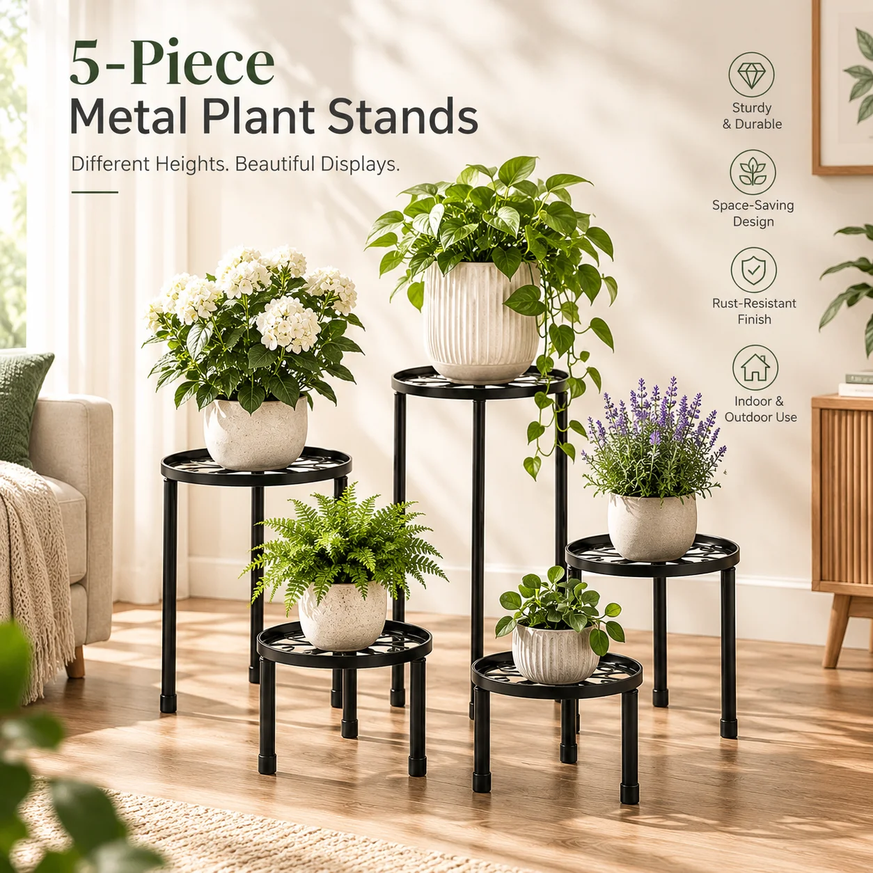 5PCS Front Porch Plant Stands, Flower Pot Stands, Round Plant Holders, Multi-Size Plant Risers with Decorative Open Design, Potted Plant Display Racks for Front Door, Entryway, Porch,Patio,Courtyard, Balcony and Garden Decor, 3.74in to 11.61in Height