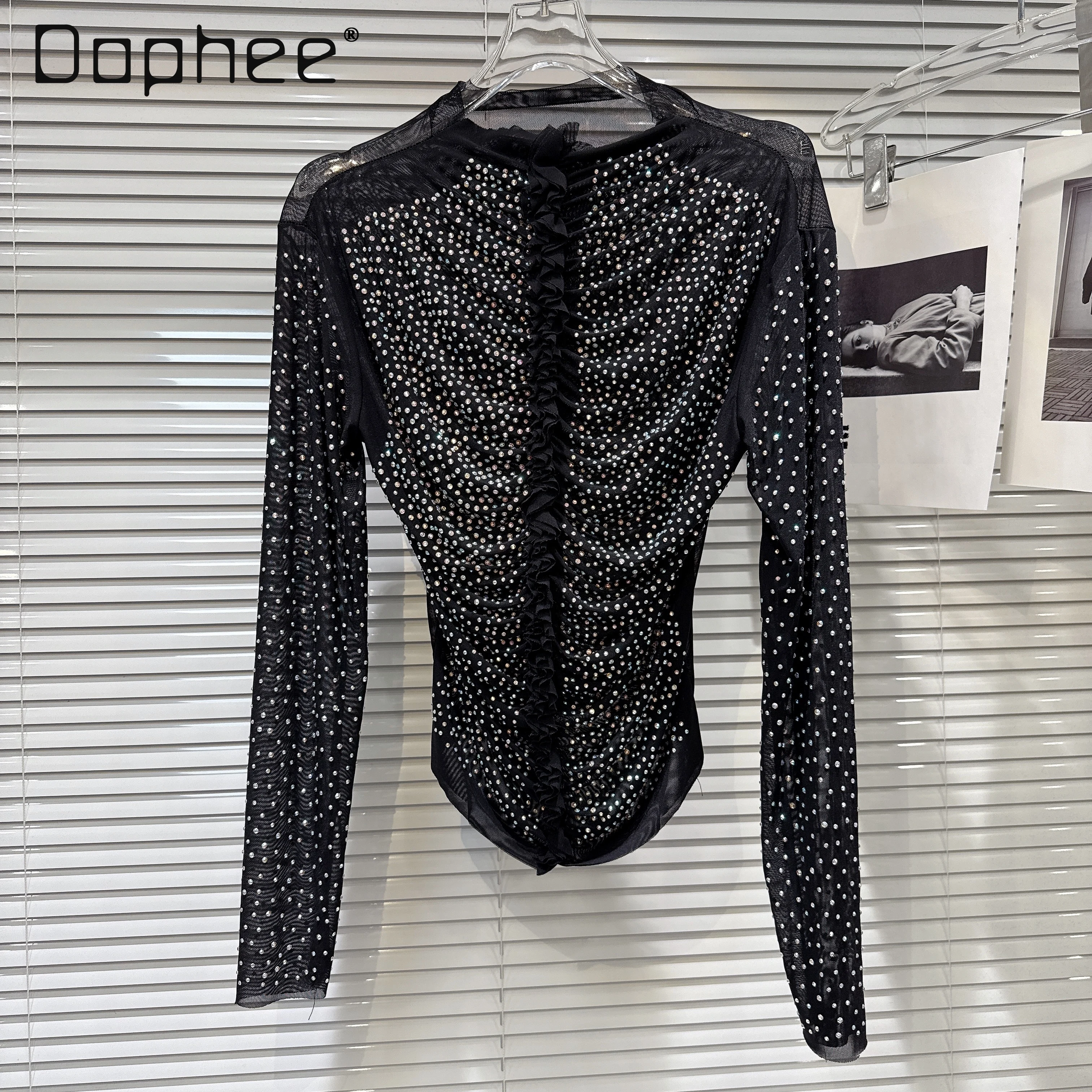 

Women's Versatile Temperament Long-sleeved Inner Top Autumn New French Celebrity Pleated Hot Diamond Slim Shirts Sexy Top Women