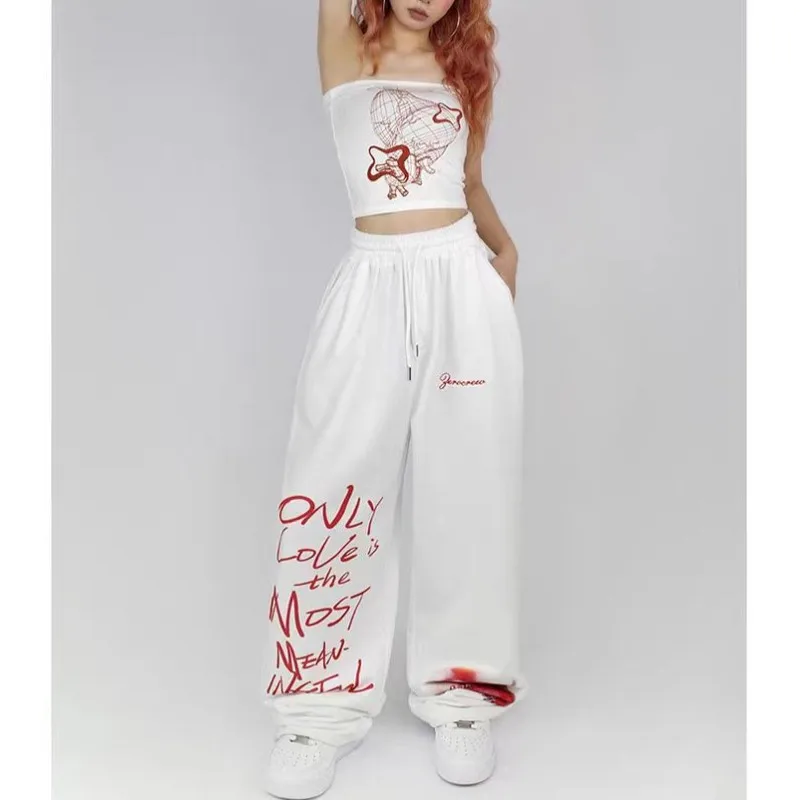 Black White Drawstring Design Sweatpants Women High Street Hip-hop Wide Leg Pants Women New Summer All-match Long Trousers