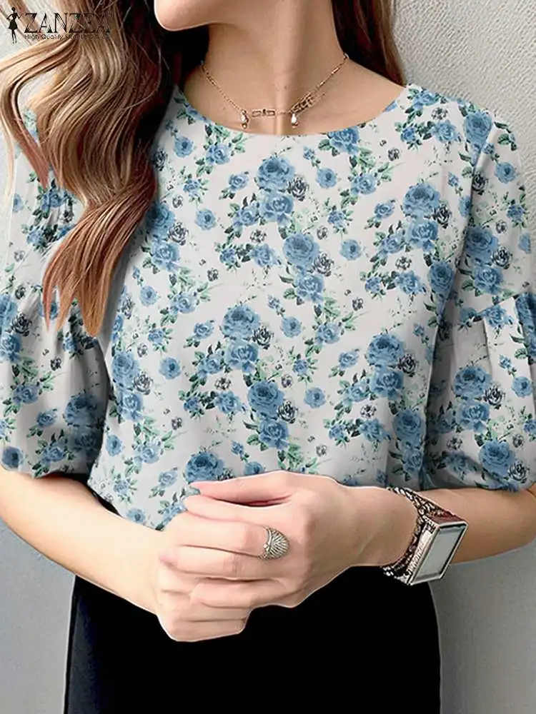 Bohemian Floral Printed Blouse ZANZEA Women Summer Half Sleeve Tops Vintage Holiday Shirt Elegant OL Work Blusas Casual Chemise