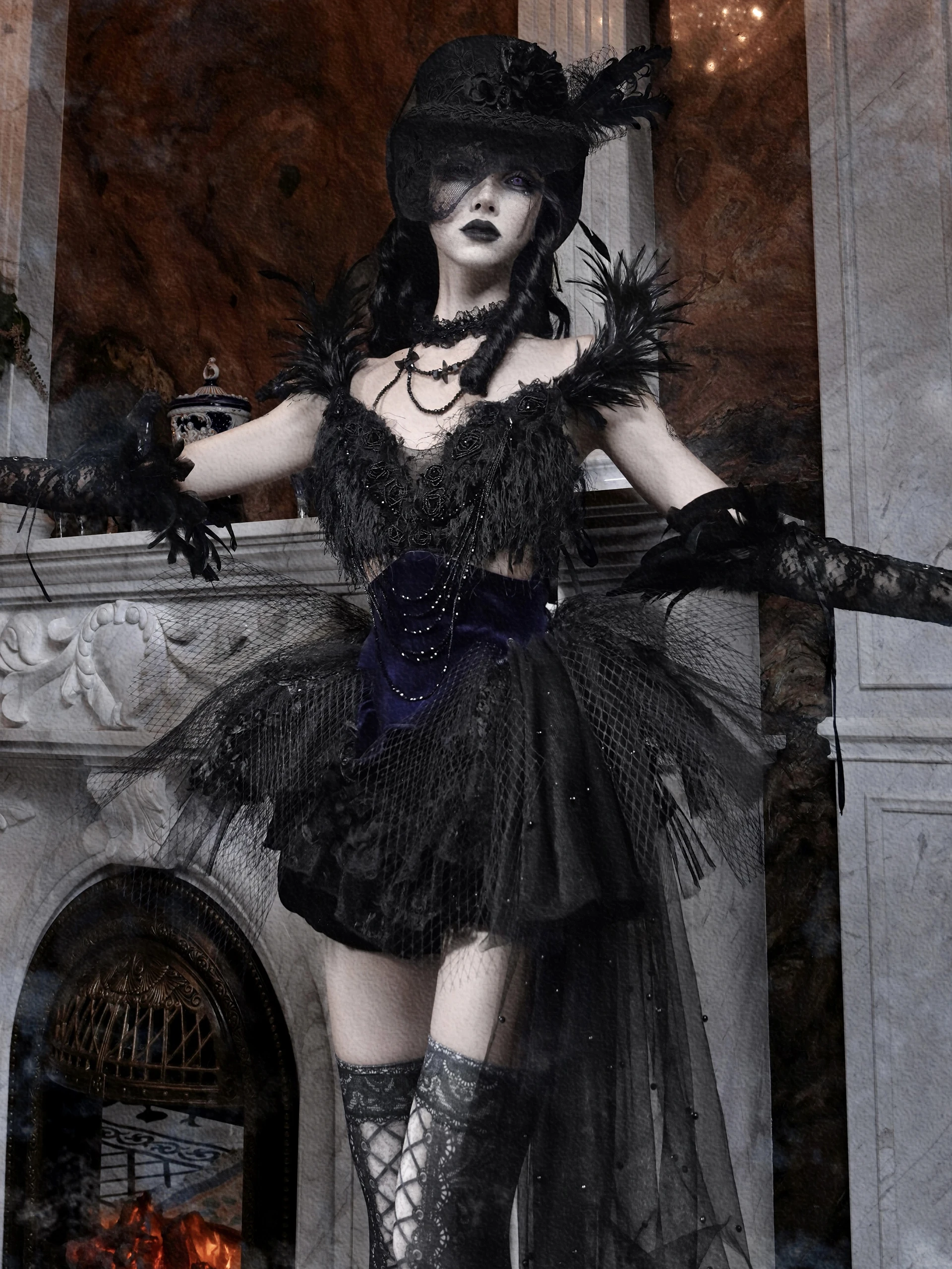 Blood Supply Gothic Luxury Shiny Diamonds Black Feathers Patch Sweep Tail Mesh Dress Top Ballet Hollween Asymmetric Jupe Vestido