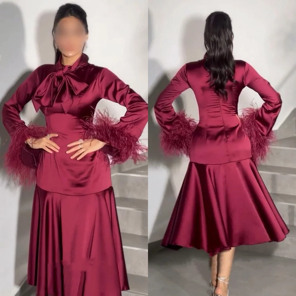 Customized es Feathers Draped Pleat Prom A-line High Collar Bespoke Occasion Gown Midi Dresses