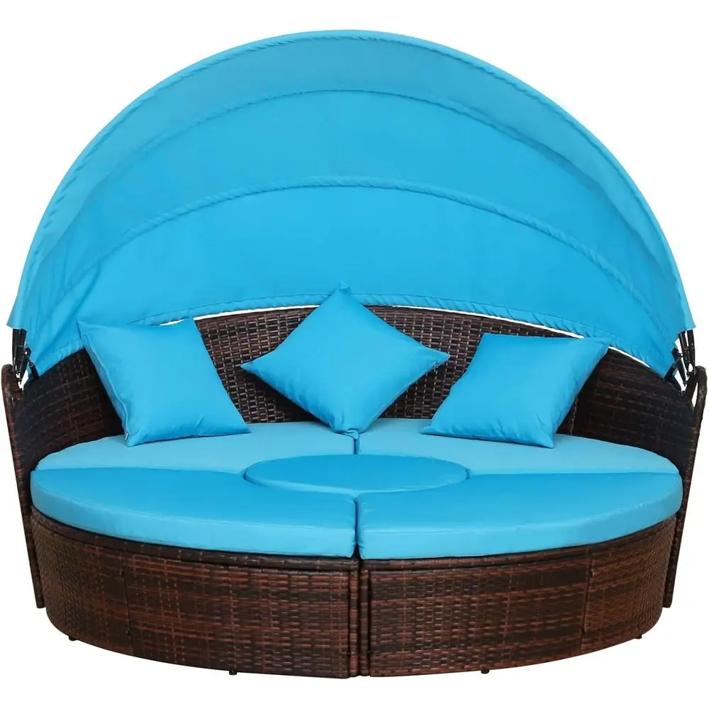 

Light Blue Outdoor PE Rattan 4-Piece Daybed Sofa Set with Adjustable Canopy and Cushions