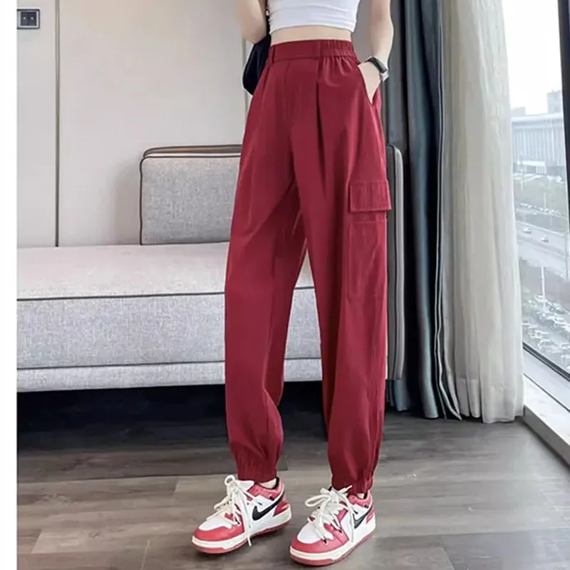 Women Ice Silk Quick Drying Workwear Pants American Style Female Loose Fit Casual Trousers Ladies High Waisted Sports Pantalons