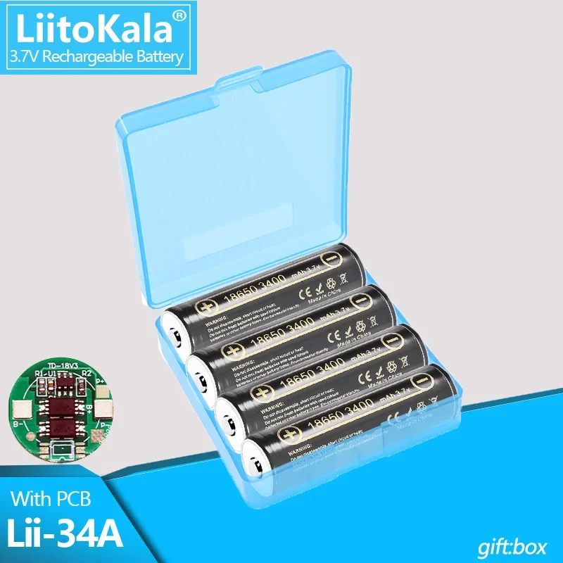 

1-20PCS LiitoKala Lii-34A with PCB 3.7V 18650 3400mah Lithium Rechargeable Battery For Flashlight batteries+box