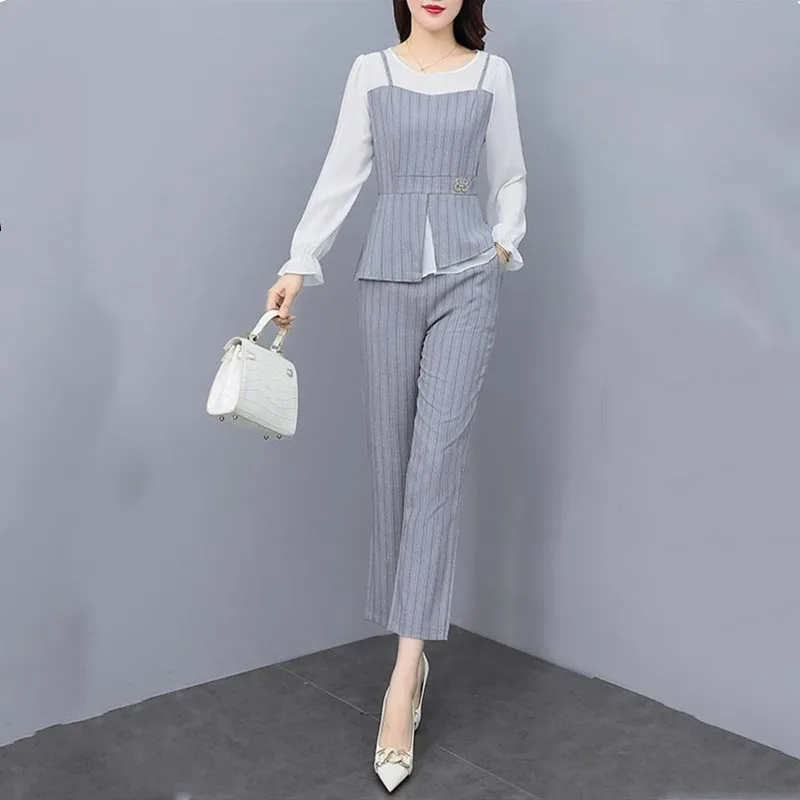 Women Oversize Patchwork Striped Slim summer Pants Sets 2024 New Fashion O-Neck Female 2 Pieces Outfits High Quality