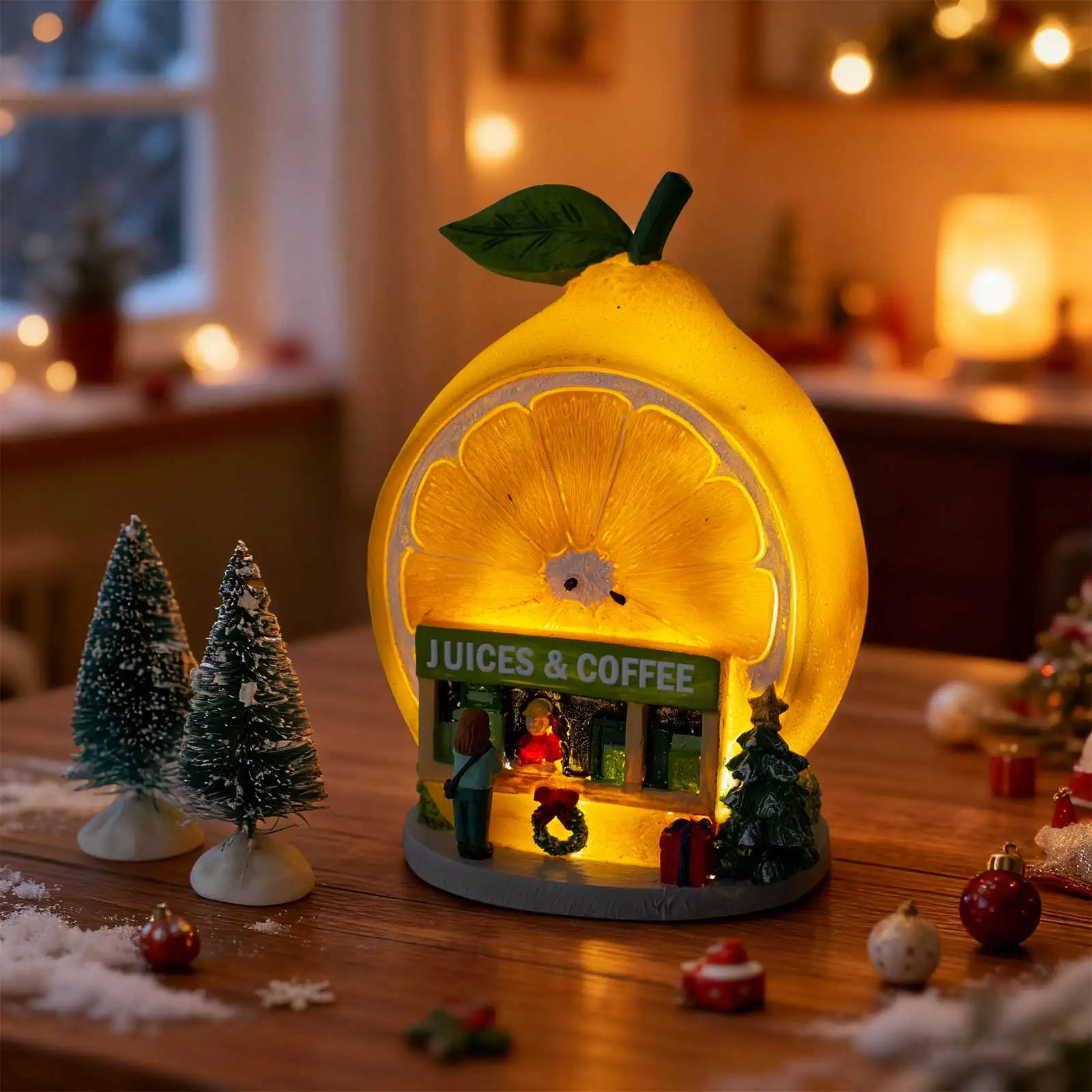 Weihnachtsdekoration für Zitronensaft und Café, LED-beleuchtete Feiertags-Sammelfigur, verschneite Dorf-Weihnachtsdekorationen – Detail 5