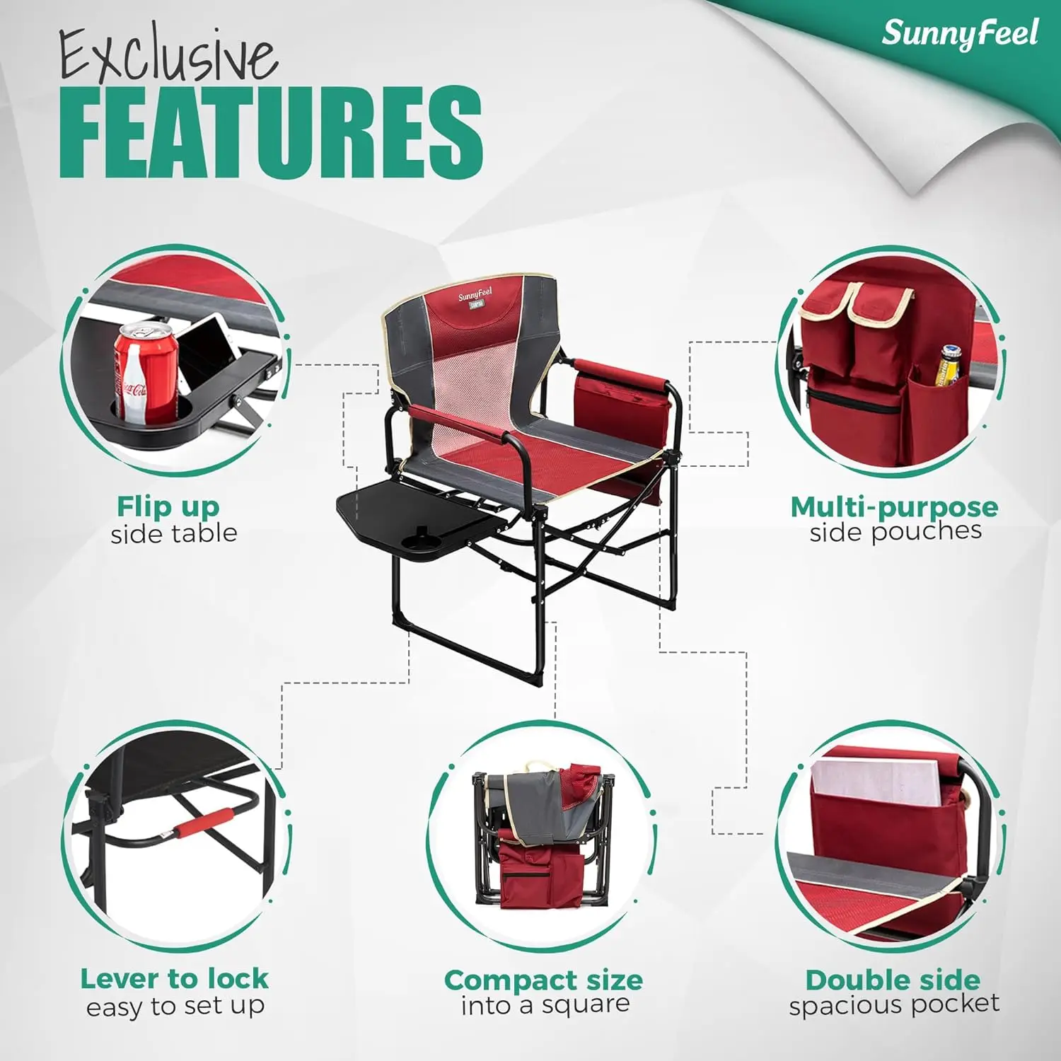 Portable Camping Directors Chair, Heavy Duty, Cadeira dobrável de grandes dimensões com mesa lateral, Bolso para praia, pesca, viagem, piquenique, gramado