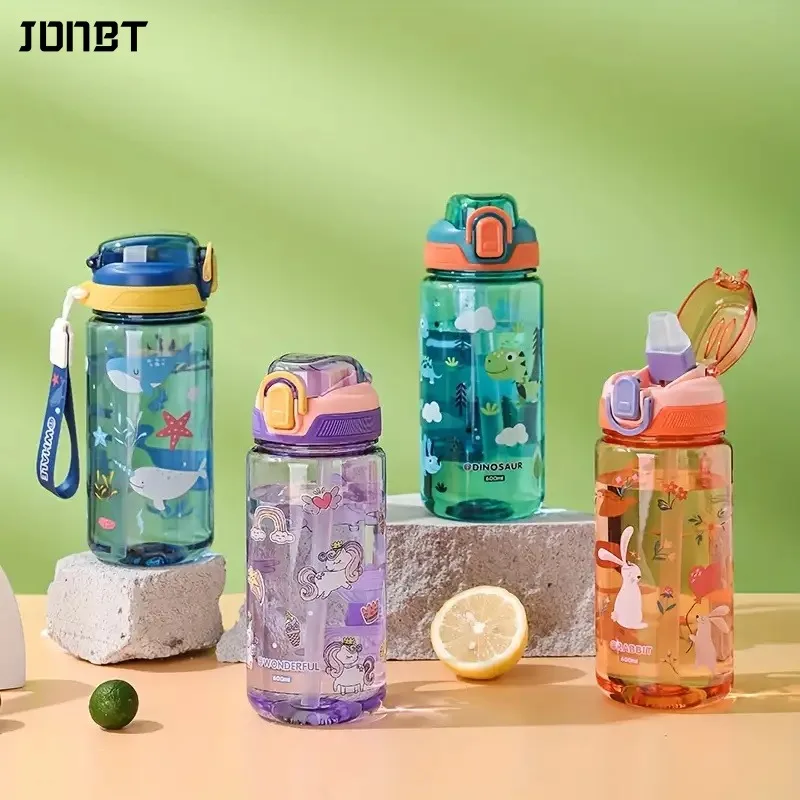 

600ml Cartoon Animal Water Bottle Portable Safety Lock Cute Straw Cup Kids Leak-proof Drinking Jug For Outdoor Camping Travel
