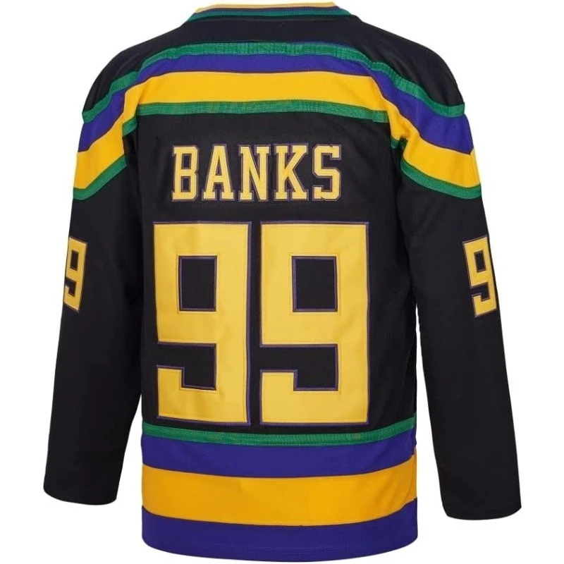Ducks Inspired 99 Banks Ice Hockey Jersey 3D Print Long Sleeve V‑Neck Breathable Unisex Sports Fan Top for Adults Youth view 3