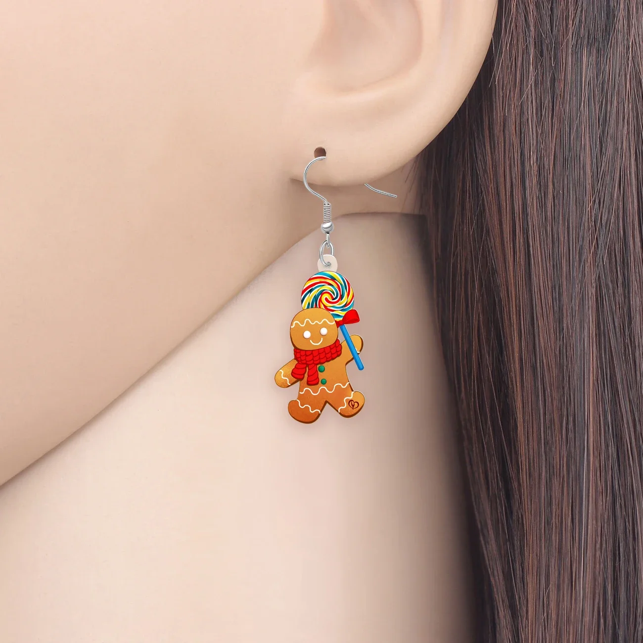 WEVENI Acrylic Dangle Cartoon Candy Gingerbread Man Drop Earrings For Women Girls Kids Charm Christmas Decorations Party Gifts