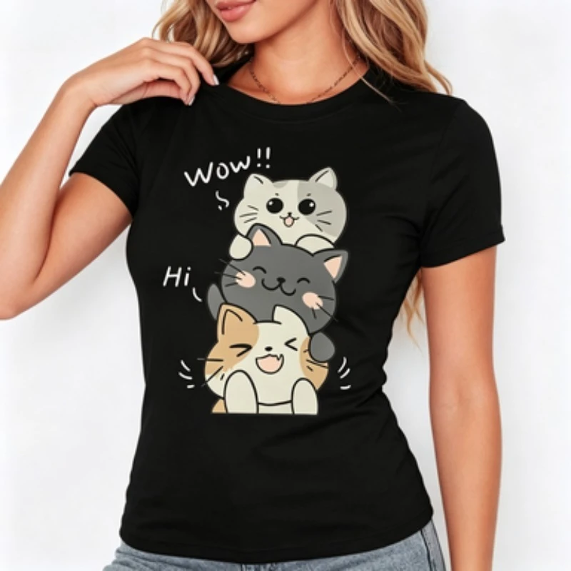 Ladies Slim‑fit  O‑neck Tee Kawaii Stack‑up Three Cats Hand‑drawn Art Print Lovely Aesthetic Short‑sleeve Daily‑wear T‑shirt