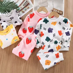 Autumn Winter Children Girls 2PCS Pajamas Clothes Set Flannel Printed Thicken Top Elastic Waist Homewear Pant Babys Girl Outfits