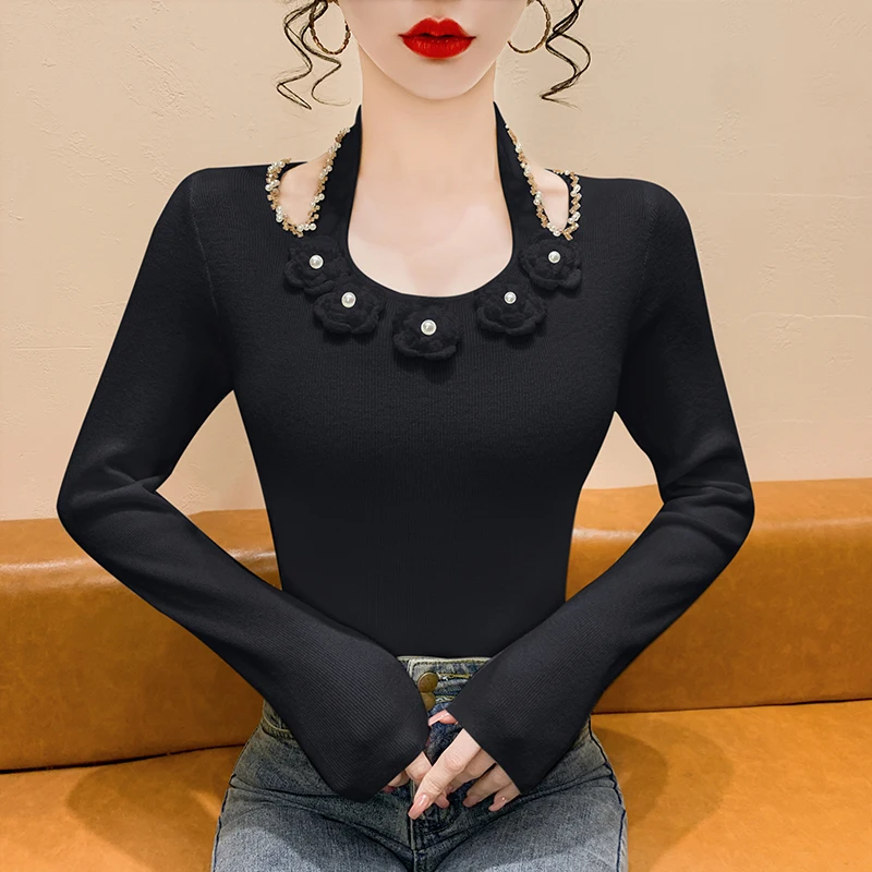 Maglione lavorato a maglia francese Sle Long Sve da donna Ne Hanging Diamond Slim Fit Base irt Autunno Inverno Nuovo arrivo Body ap...