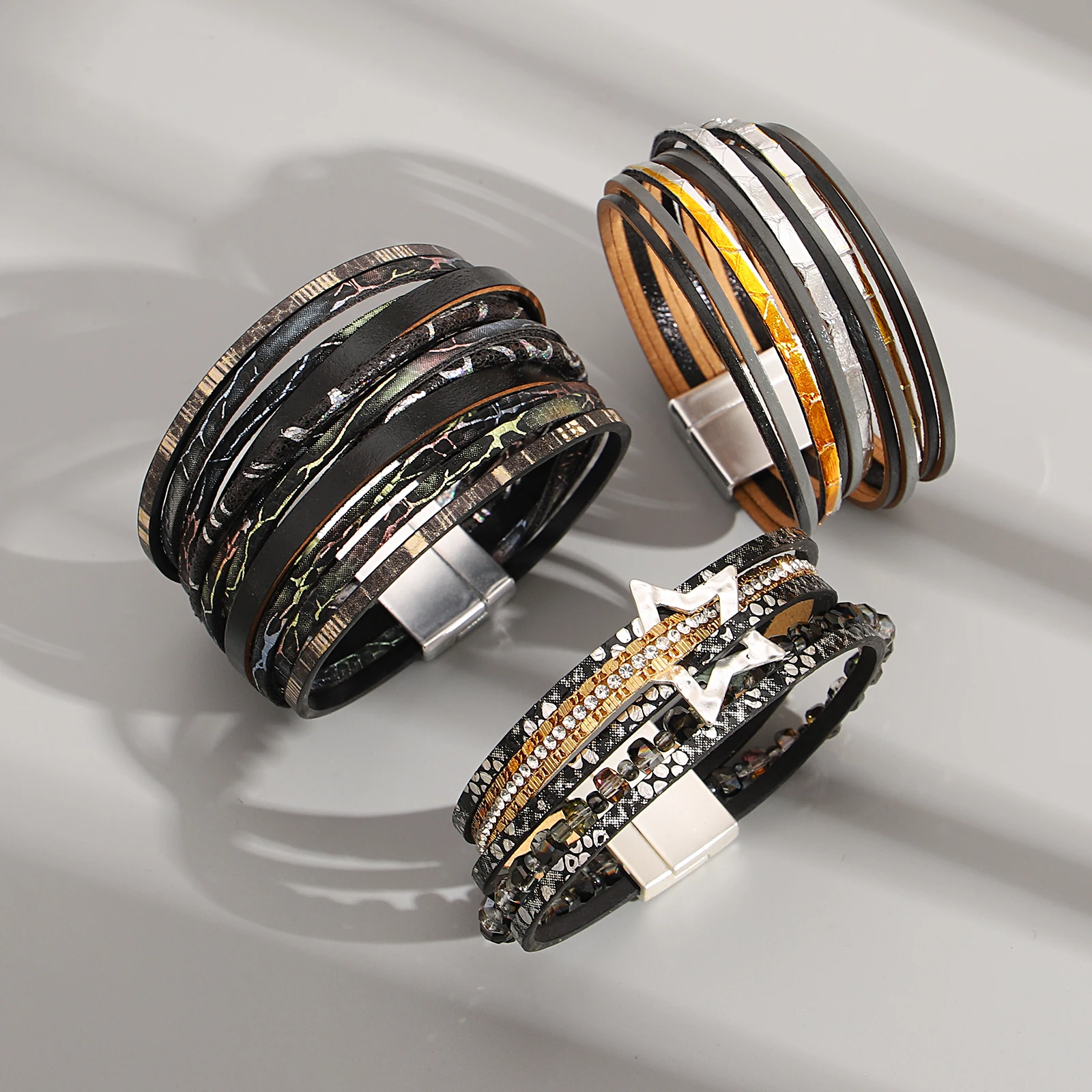 

Amorcome Vintage Intercolor Pattern Leather Bracelet for Women MultiLayer Wrapped Wide Bracelet Exquisite Hand Jewelry Gift