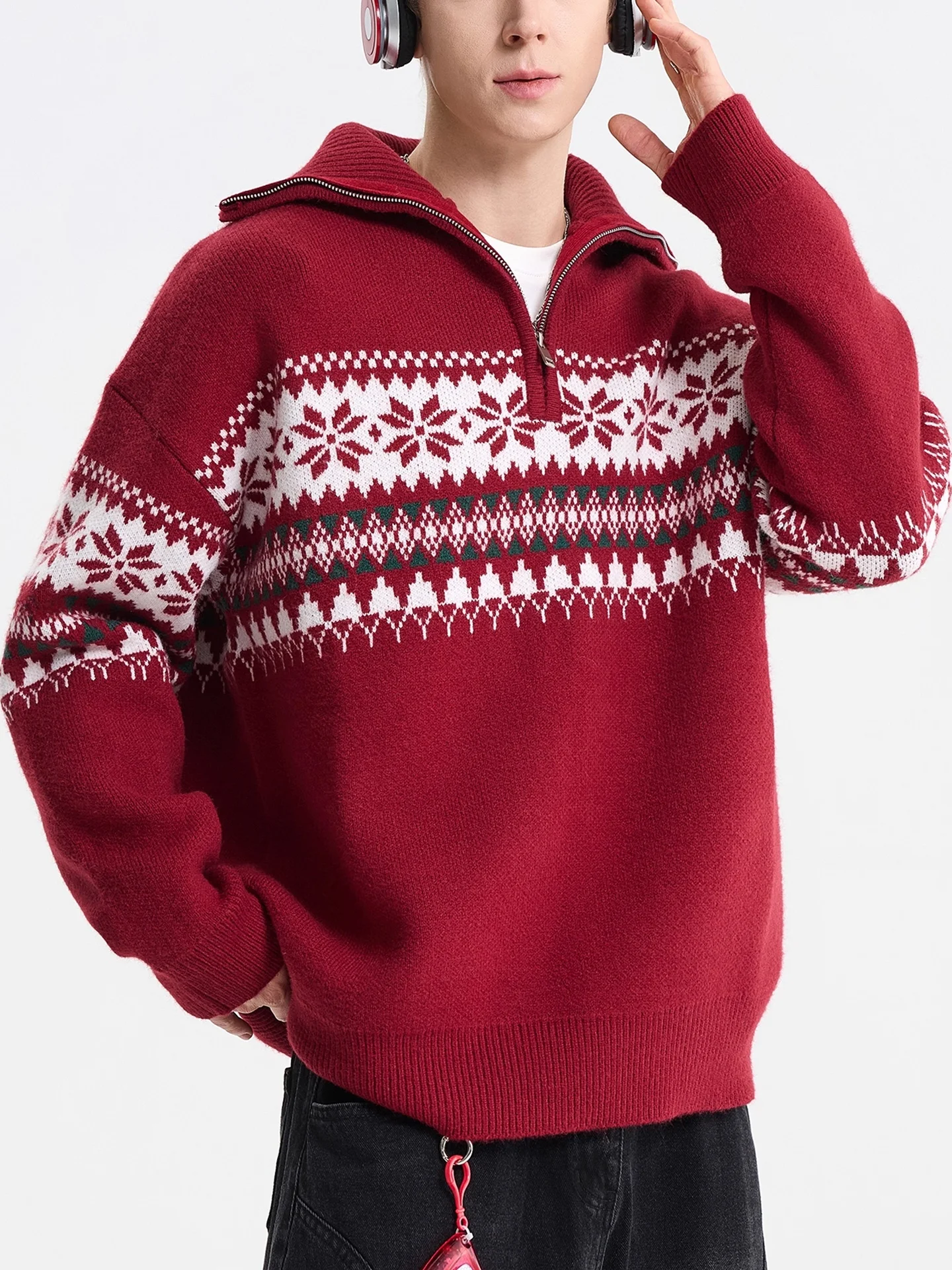 

American Sle Fair Isle f Zip Hoodie Red Sweater Men's Autumn Winter Cisas Couple Knitted Jaet Trendy Brand