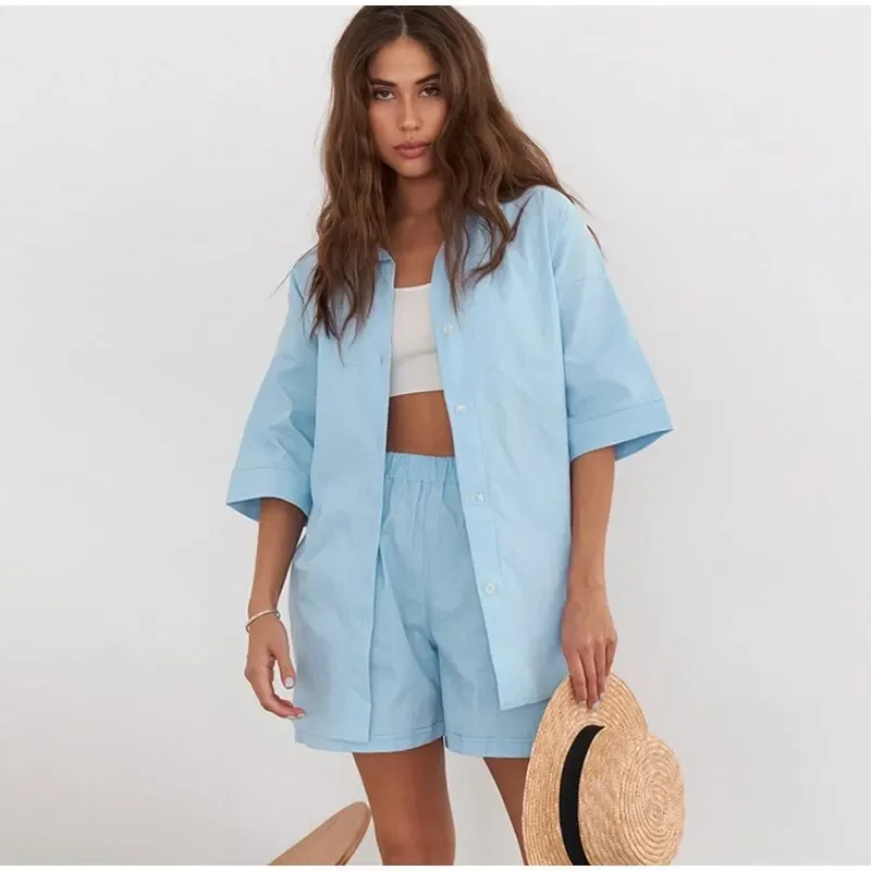 New Womens Suits Solid Color Short Sleeved Shirt Shorts Loose Fitting Fashion Casual Set for Women