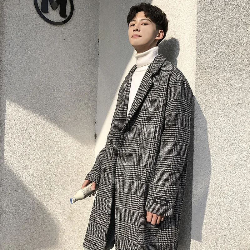 

Medium and Long Woolen Trench Coat 2022 Winter New Men's Korean Plaid Coat Fashion Double-breasted Cloth Coat Gray