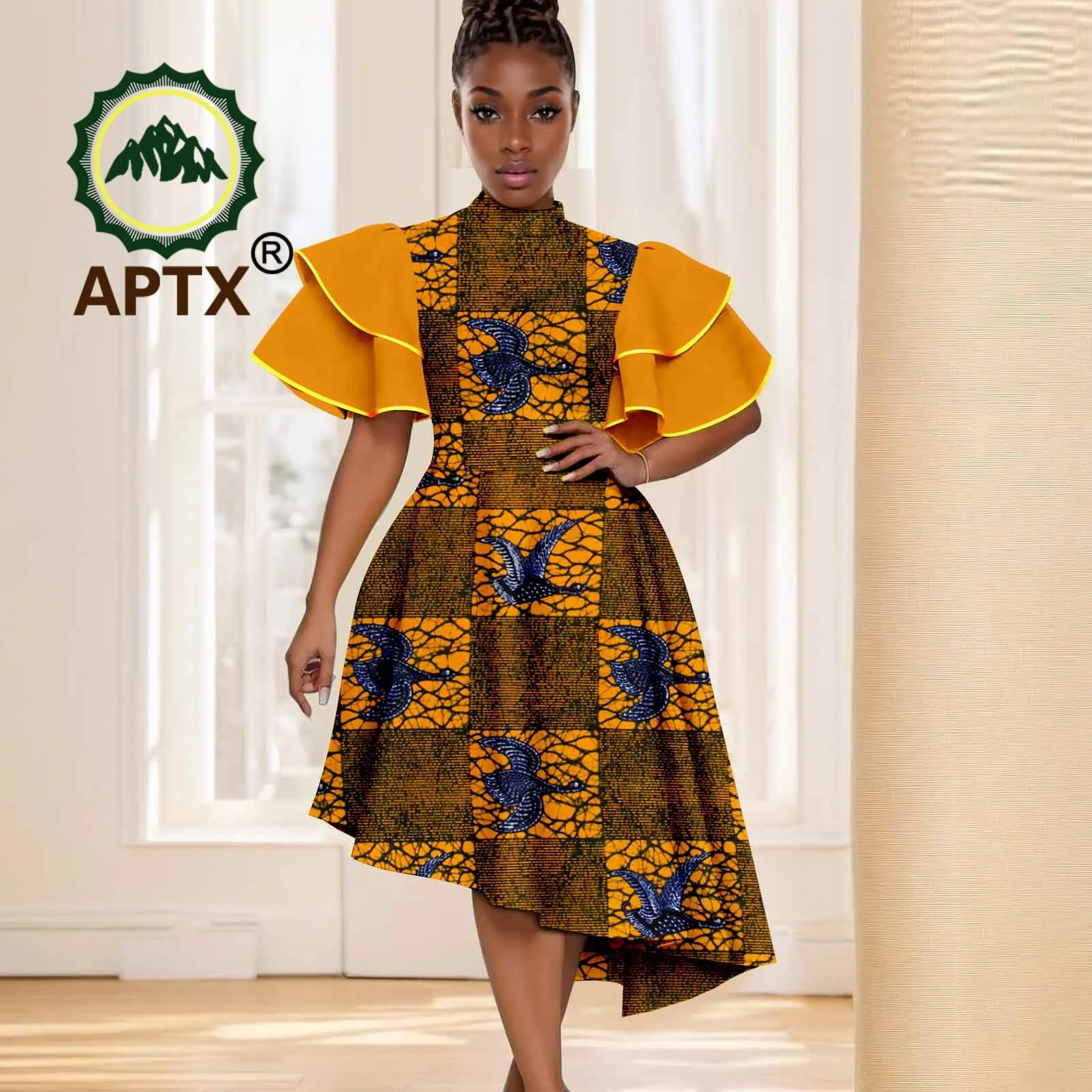 

African Dress for Women Ankara Print Half high collar Short Sleeve Knee-Length Patchwork Dress Dashiki Casual Party Dress