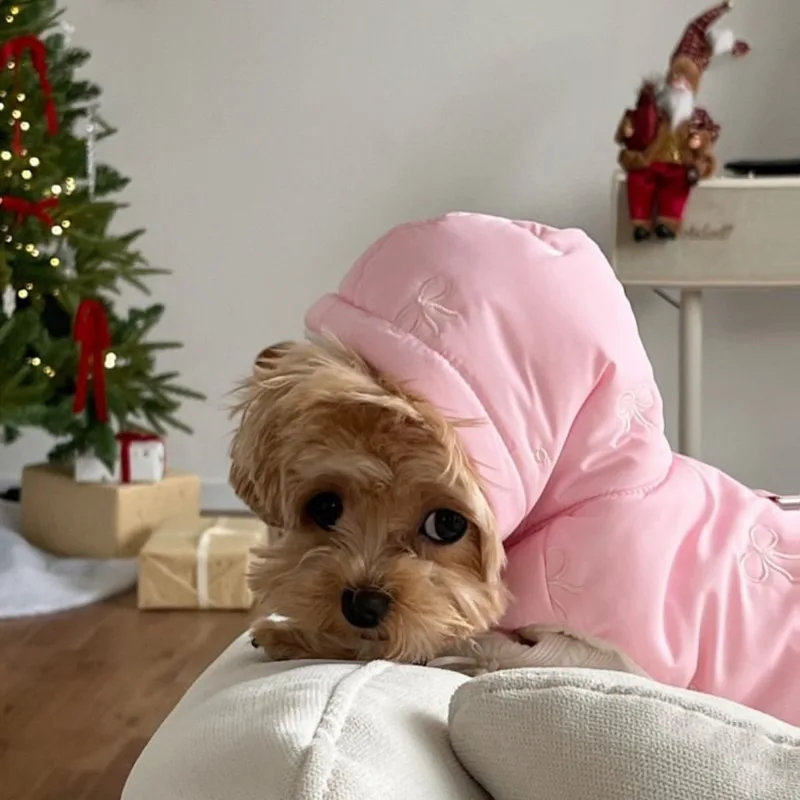 تيدي بير أنيق أسفل سترة فريز القوس المطرزة معطف الكلب الشتاء الدفء معطف مقنع سميكة الحيوانات الأليفة اكسسوارات الكلب الحيوانات الأليفة القماش #3