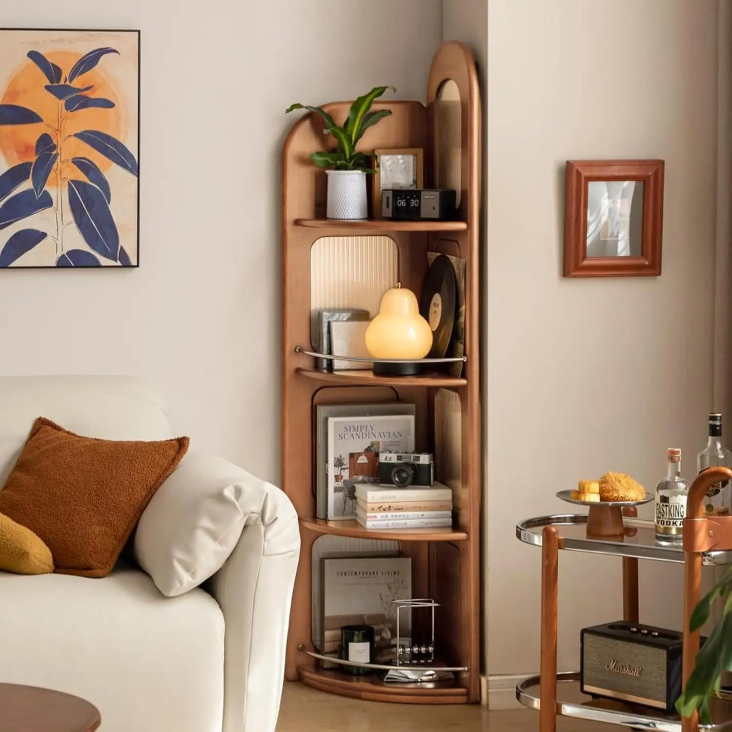 

Угловая книжная полка из 100% массива дерева, 4 яруса, высота 64 дюйма, в стиле середины века, открытый стеллаж для хранения, на заказ