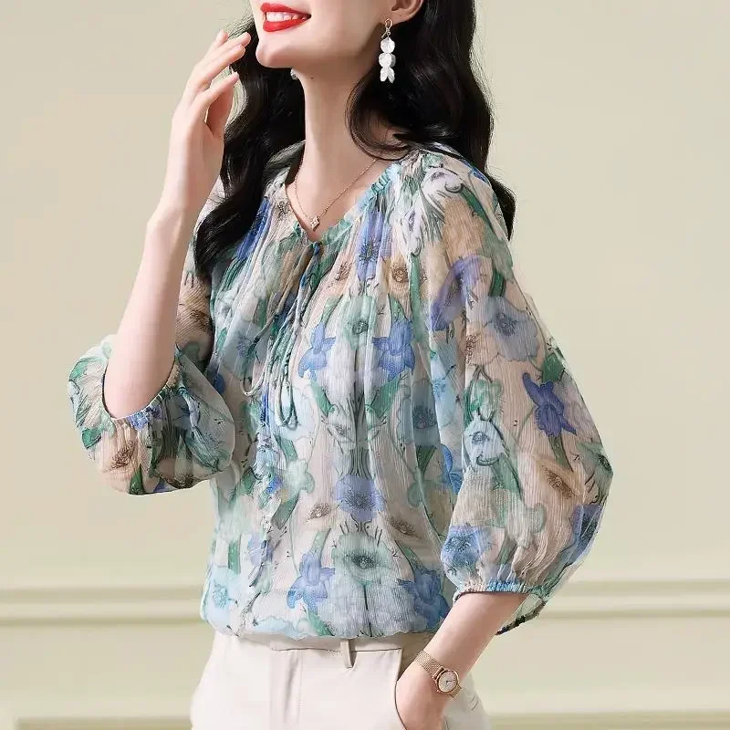 Summer New Round Neck 3/4 Sleeve Printing Chiffon Shirt Women Elegant Lacing Loose Casual Comfortable All-match Pullovers LJ121