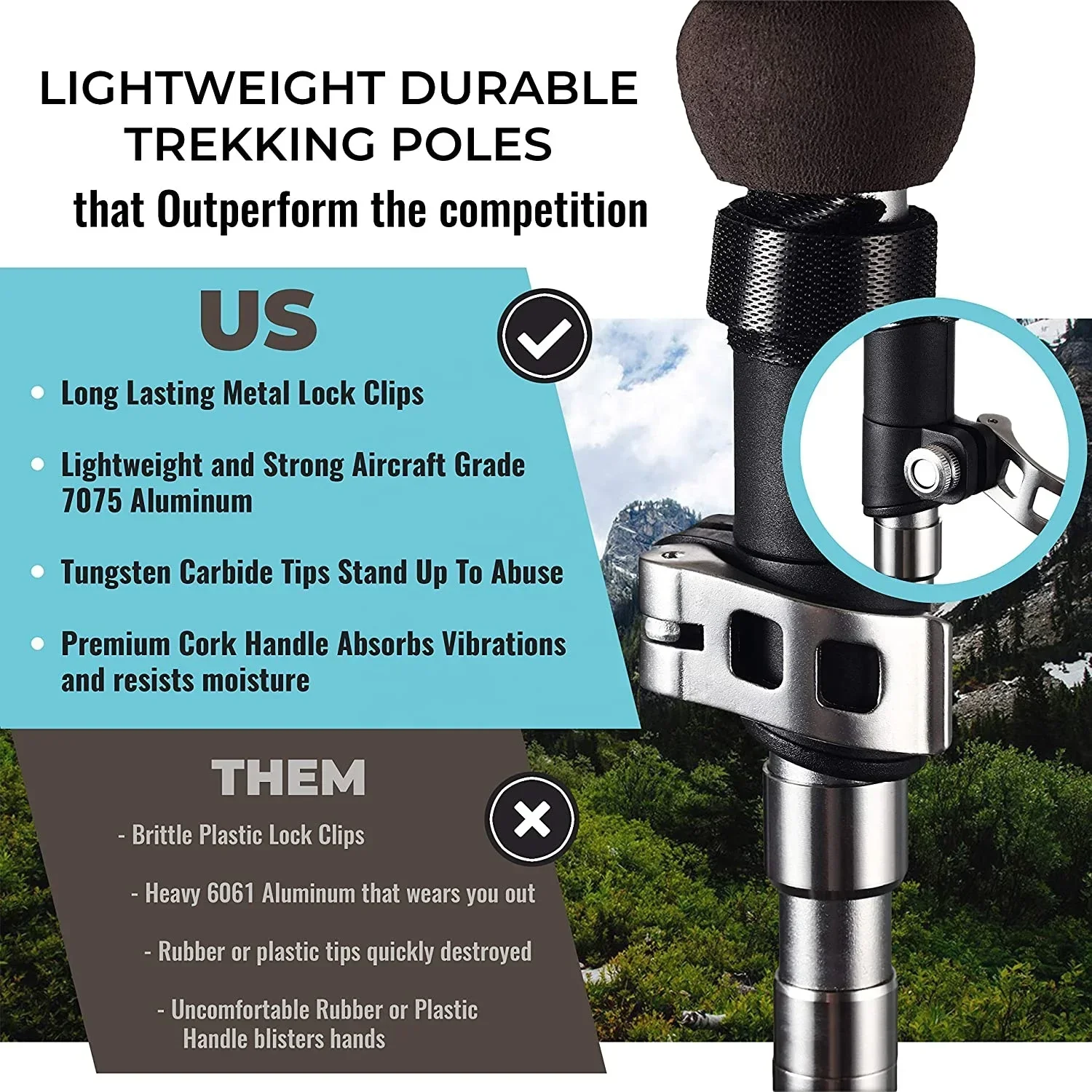 

Cork Handle Ultralight Walking Sticks 135 Factory OEM Trekking Poles, Aluminum Collapsible Nordic Hiking Pole, EVA Foldable