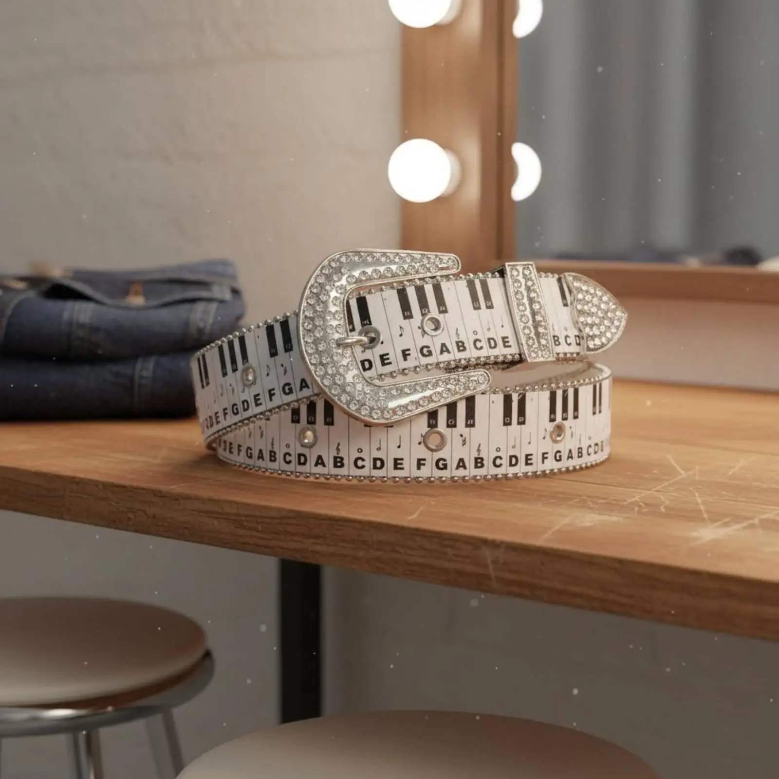 Women Belt White Rhinestone Piano Keyboard Buckle Metal Waist Belt Y2K Fashion Jewelry Belt for Jeans and Clubs