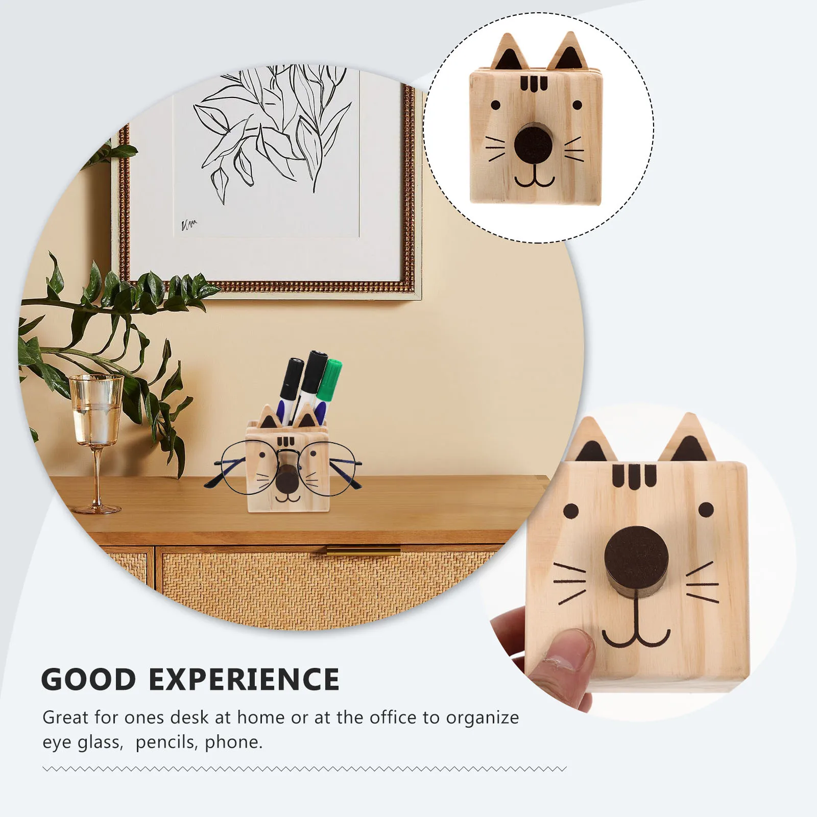 

Wooden Multi-Compartment Desk Organizer Cartoon Eyeglass Pen Holder for Office Home School Use Stationery Storage Holder