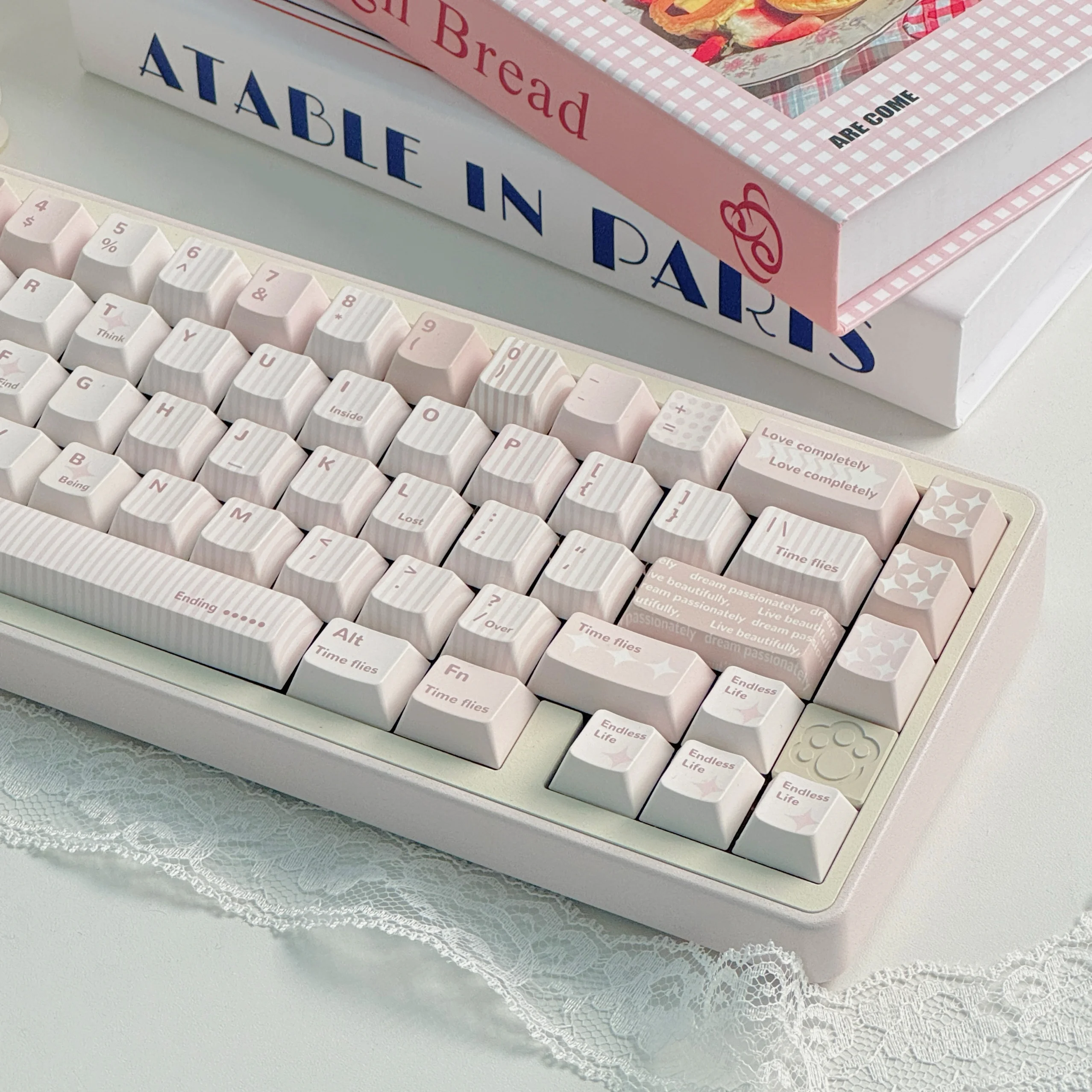 Original simples e elegante tema keycap cereja perfil pbt sublimação térmica teclado mecânico keycaps luz rosa chave boné