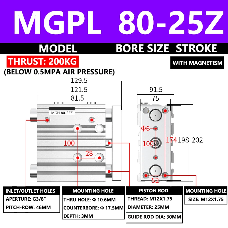 ABILKEEN MGPL80-25Z MGPL Pneumatic Compact Guide Cylinder 80MM Bore X 25MM Stroke Thin Three Axis Three Rod Air Cylinder