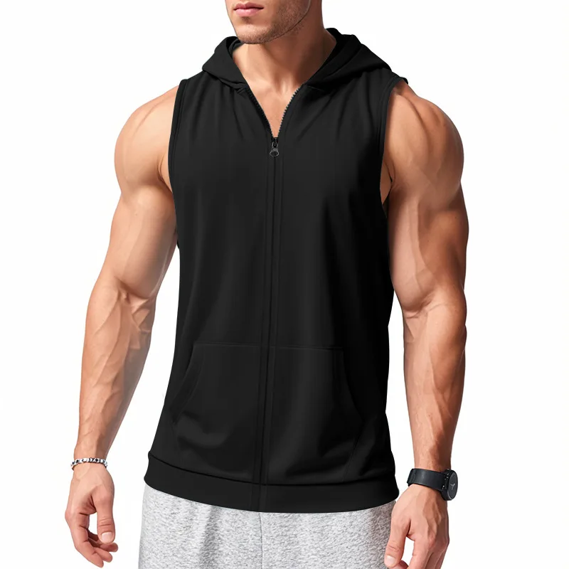 American Summer Neue Kapuzenweste für Herren, Sport, Fitness, Training, Reißverschluss, Strickjacke, ärmellose Weste – Detail 9