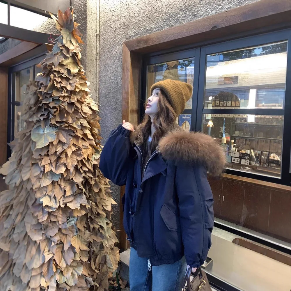 American Retro Fur Collar Warm Solid Color Women Hooded Cotton Coat Ins Winter Loose Casual Slim Cotton Coat Jackets