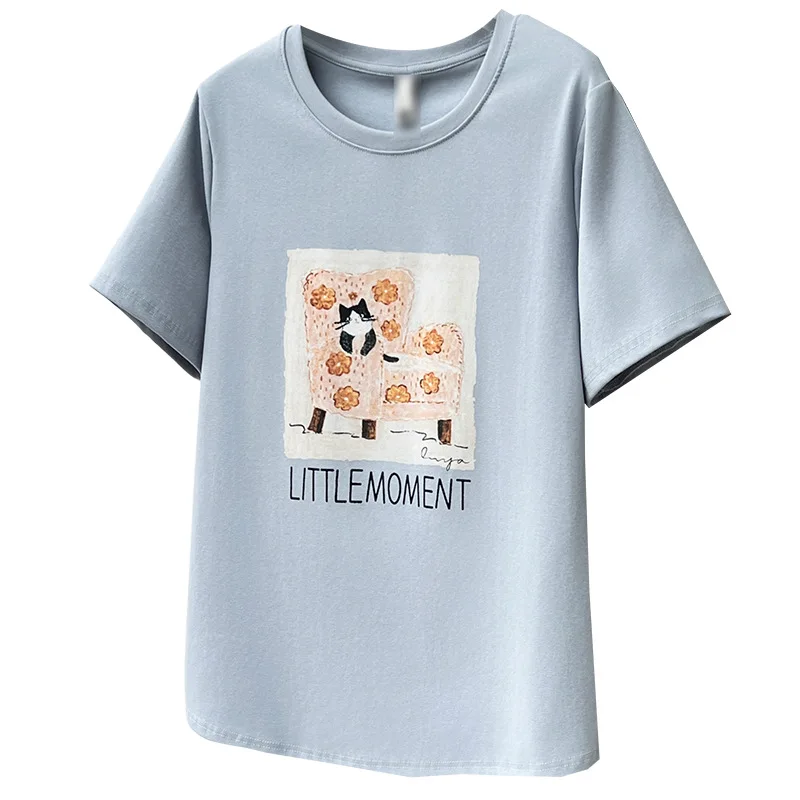 

2026 Summer Plus Size Women Printed Cotton T-shirt Round Neck Casual Fashion Slim Short Sleeve Tops For Curvy Ladies 8271