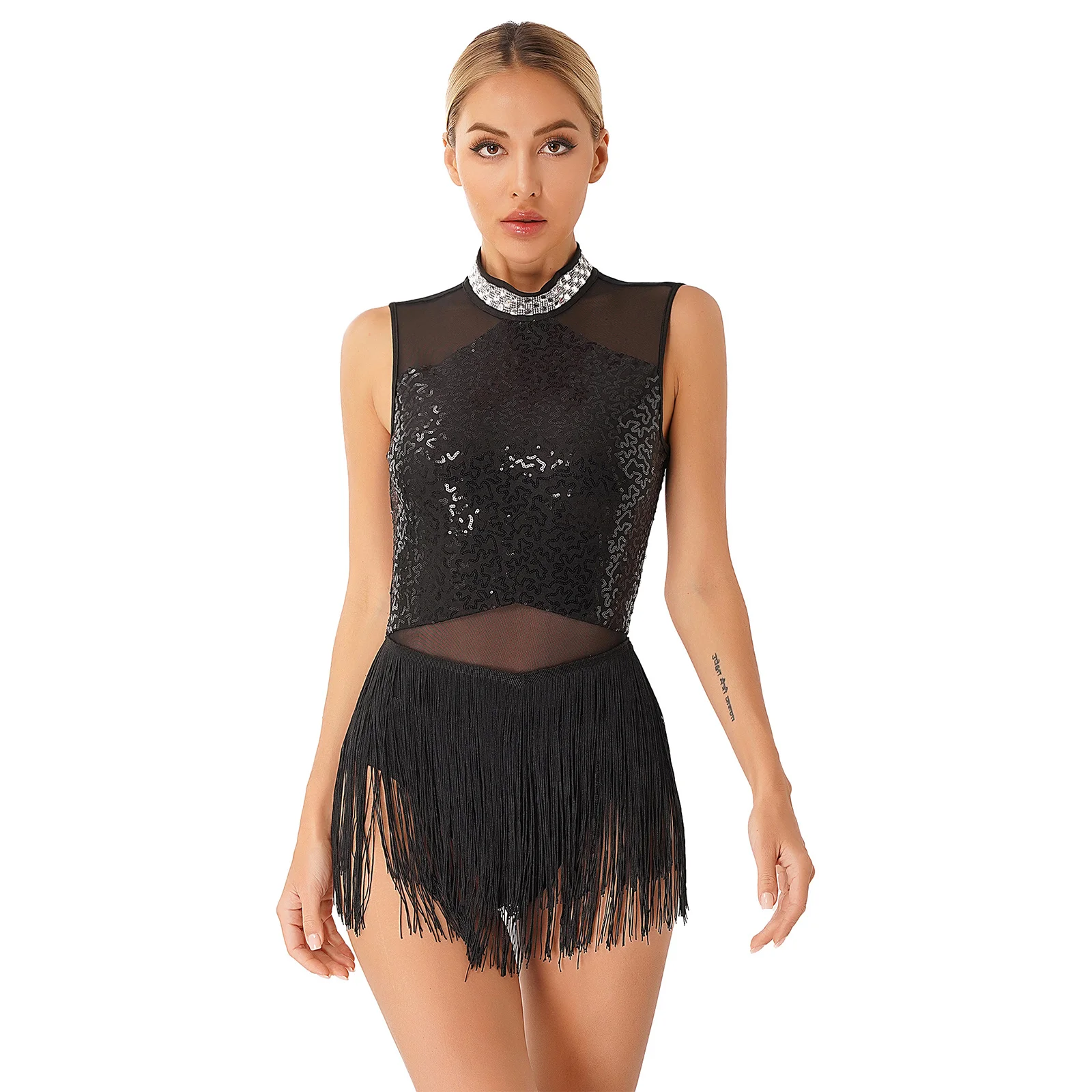 Women's Rhinestone Latin Dance Leotard Dress Sleeveless Fringed Salsa Samba Tango Cha Cha Dresses Sequined Rumba Dancing Costume