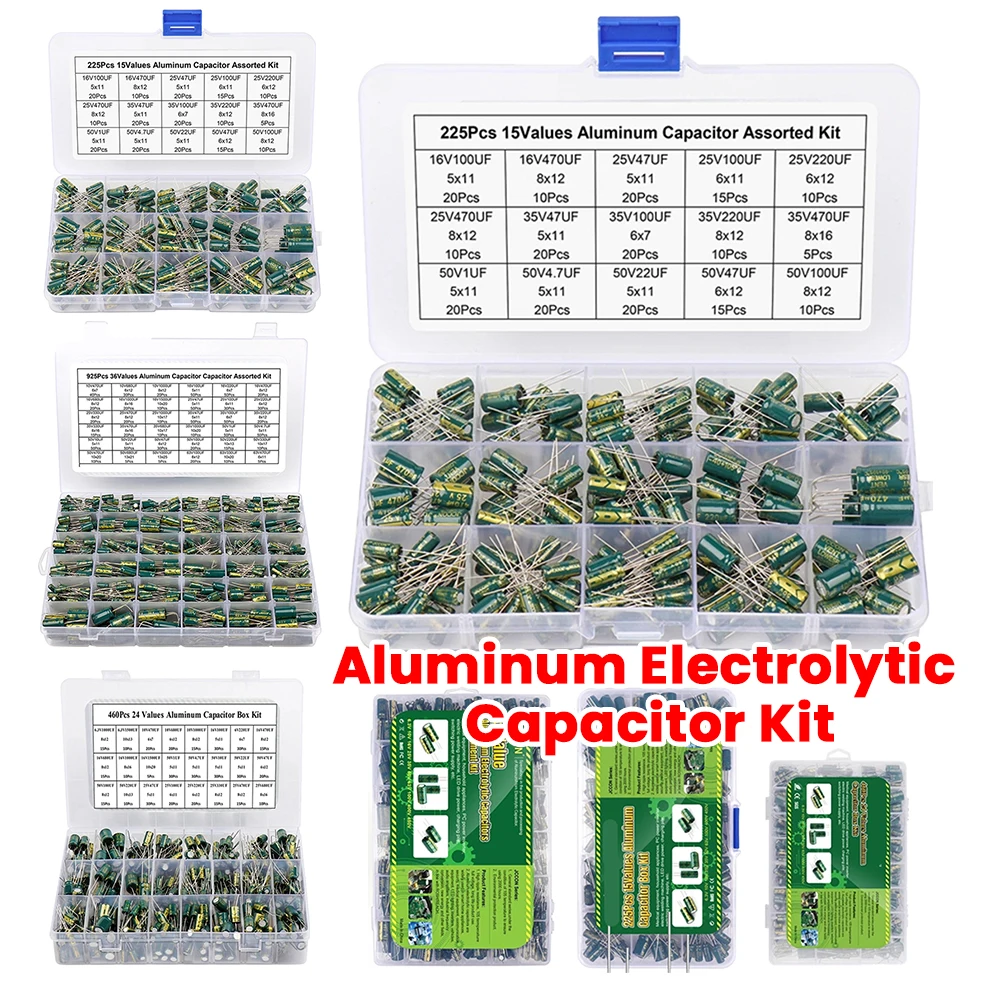 

15/24/36 Values 225/460/925Pcs Variable Capacitors Assorted Kit High Frequency Low ESR Aluminum Electrolytic Capacitors 16V-50V