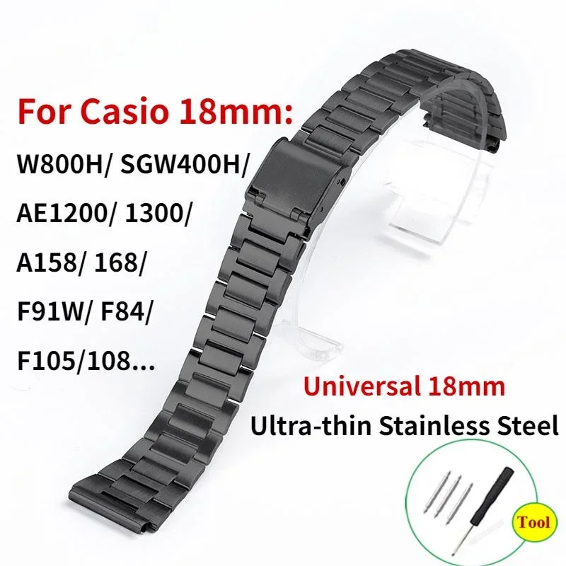 For Casio W800h AE1200 F91W Universal Watch Strap 18mm Stainless Steel Bracelet Ultra-thin Metal Watch Band with Folding Buckle