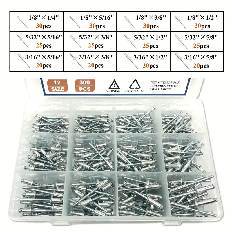 

300PCS Half Round Head Blind Rivets Open K Type Aluminum Blind Rivets Assortment Kit 1/8 5/32 3/16 Hardware Tools for Mentalwork