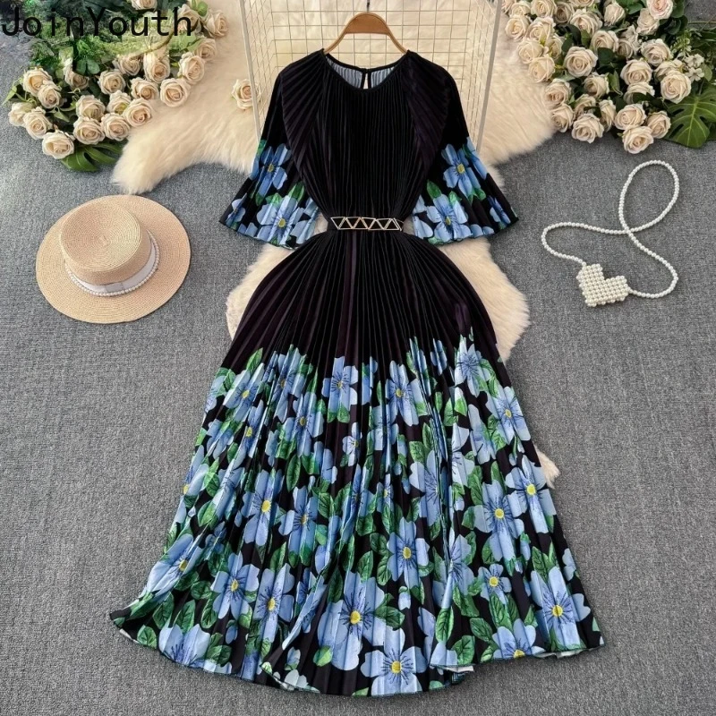 Vestido Femme O Neck Flare Sleeve Patchwork Summer Dress Pleated Belt Print Panelled Tunic Maxi Dresses Mujer Elegant Femme Robe