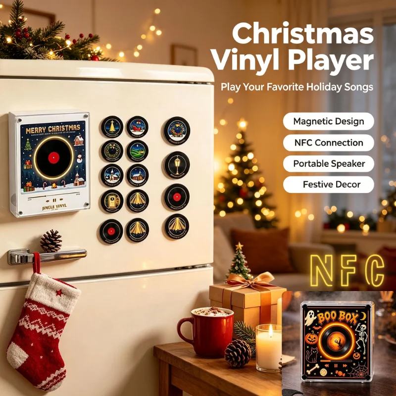 NFC Magnetic Record Player Halloween Christmas Fridge Magnets Set Retro Music Player Refrigerator Decor Magnets Home Ornament