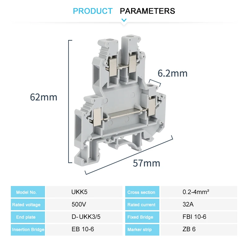 10Pcs UKK/UKKB 5 Double-Level Terminal Block 2 Layer 0.2 - 4 mm² Plug Wire Electrical Screw Connector DIN Rail Termin UKK5 UKKB5