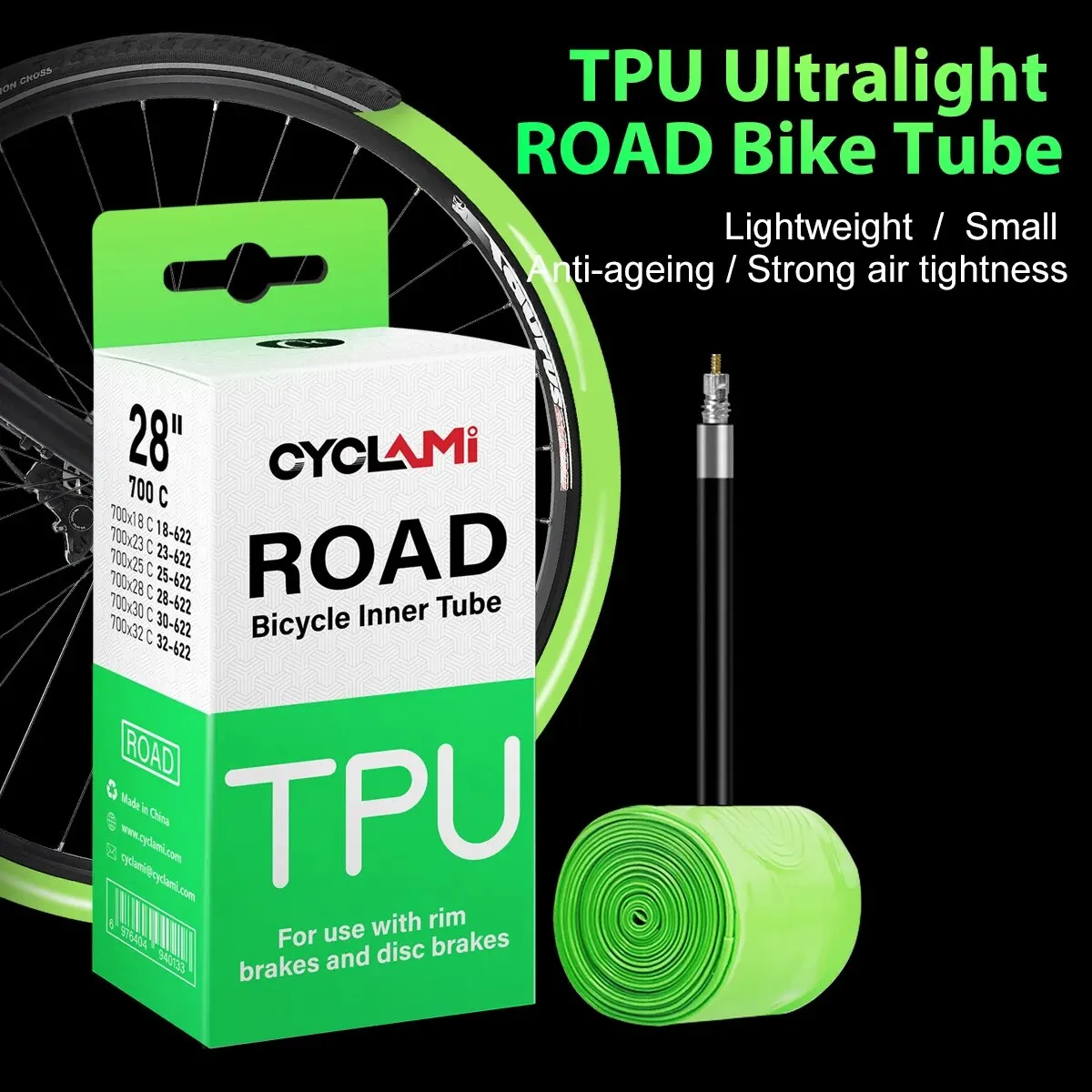 Dętka rowerowa CYCLAMI Ultralight 30g, materiał TPU, 700C 18 32, do rowerów szosowych, zawór francuski, długość 45mm 65mm 85mm