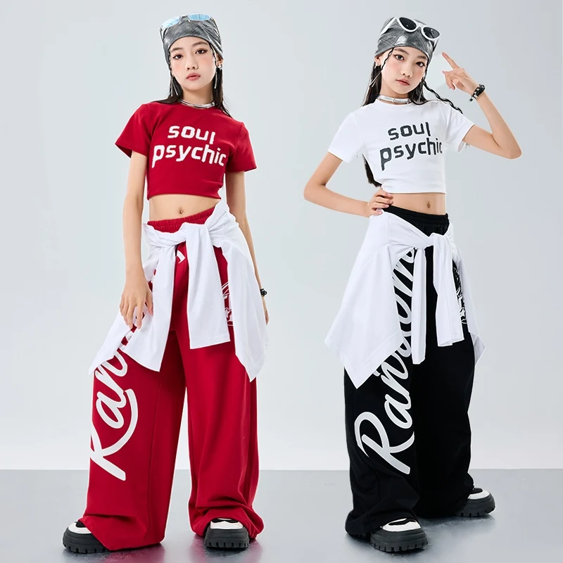 Cool Meisjes Jazzdans Outfit Kpop Stage Performance Kostuum Crop Top Rode Shuffle Broek Zwart Hip Hop Set Kinderen Street Wear 2083