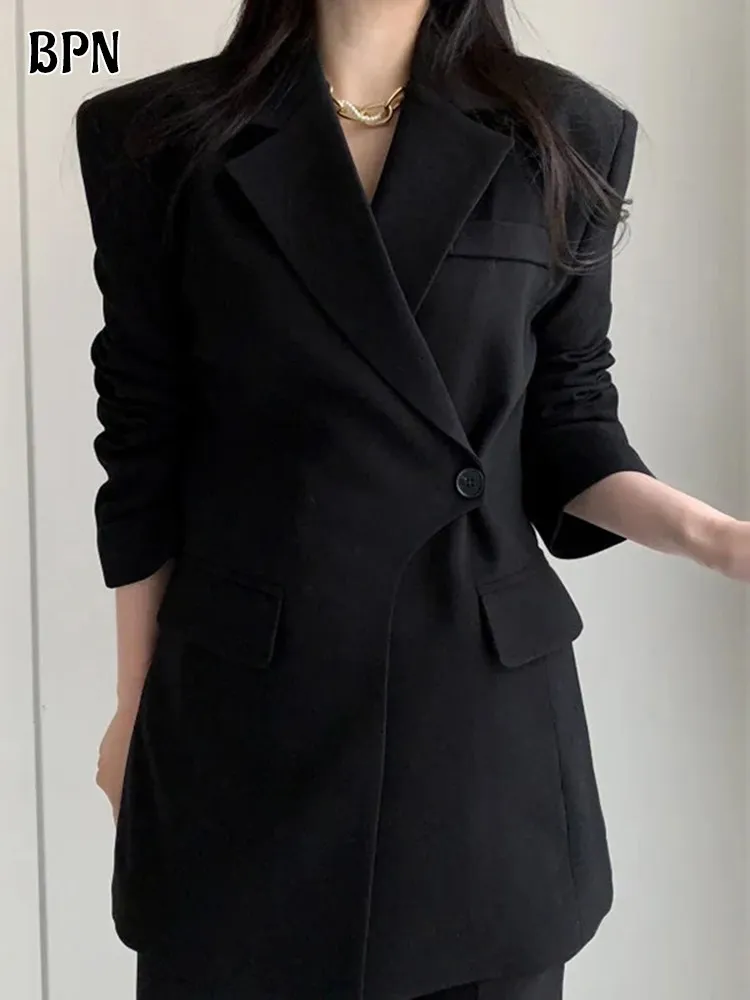 

BPN Asymmetrical Fashion Casual Blazers For Women Notched Collar Long Sleeve Korean Slim Designer Jackets Female Style Clothing