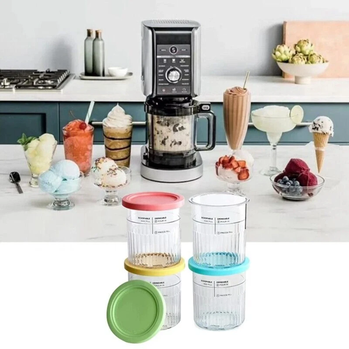 

4 Pcs Ice Cream Containers Replacement For Ninja Creami Pints And Lids 24oz Cups Creami Deluxe Nc501 Nc500 Series With Scoops