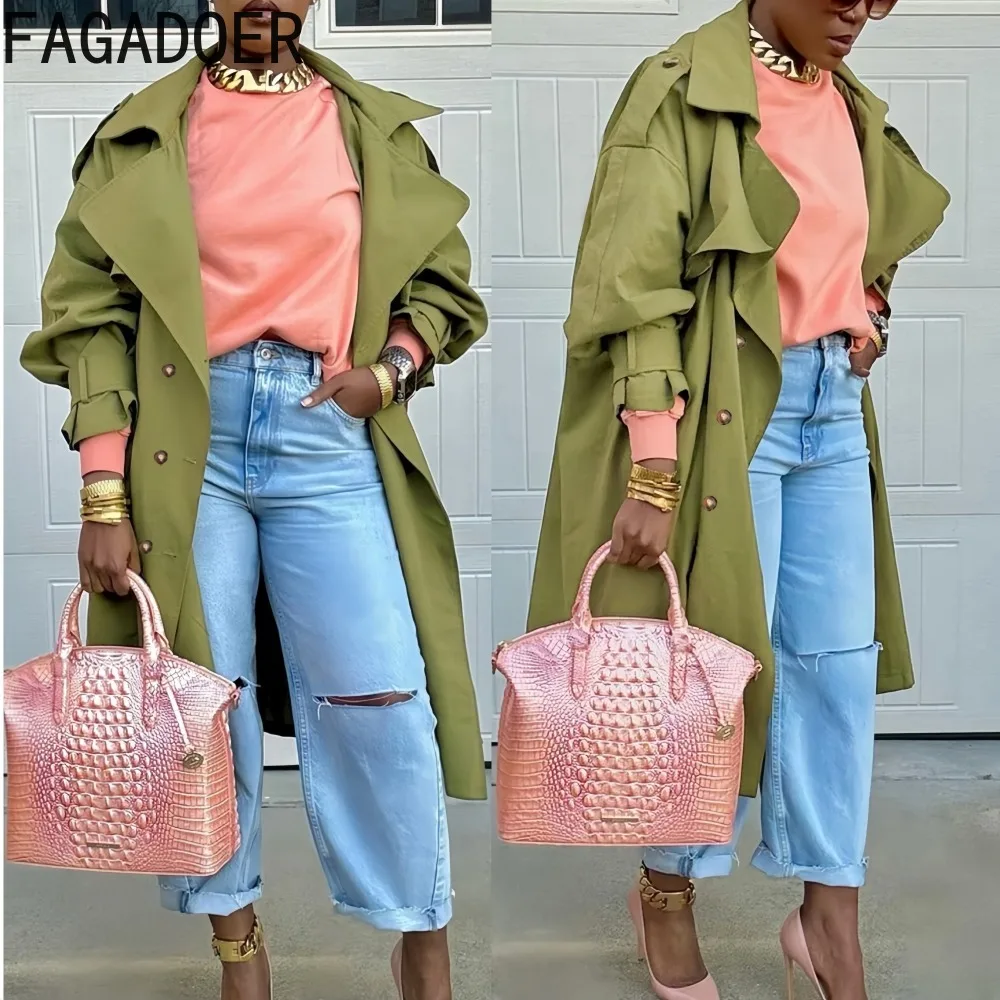 

FAGADOER Autumn New Fashion Long Windbreaker Women Solid Color Single Breasted Loose Coats Jacket Female Streetwear Clothing